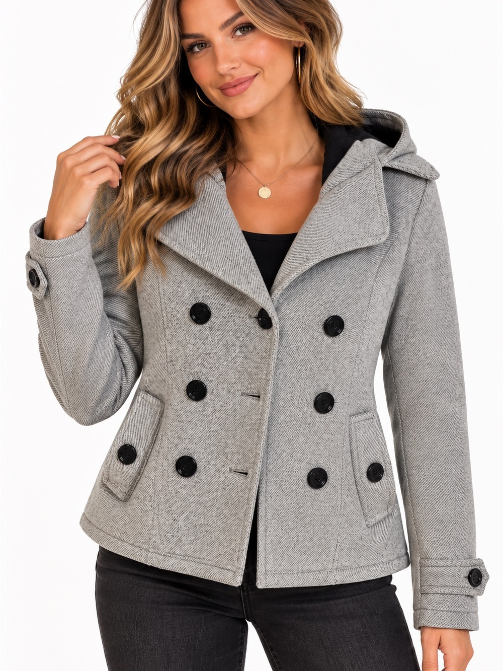 Sebby Classic Hooded Double-Breasted Gray Peacoat Jacket Size L fall jacket coat
